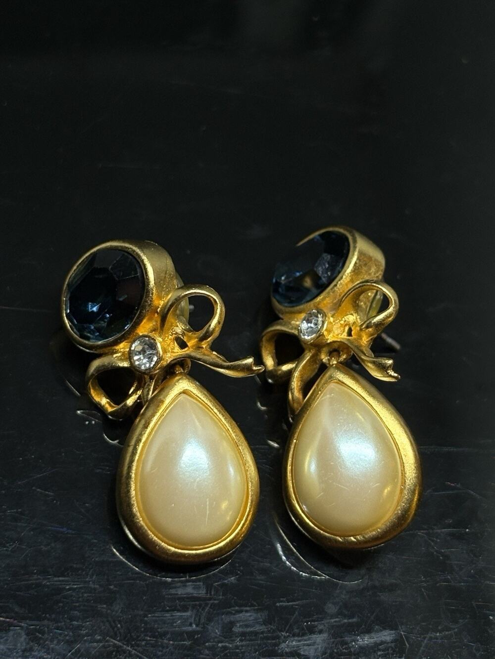 Vintage MFA Gold Tone Austrian Blue Rhinestone Pearl Bow Dangle Earrings